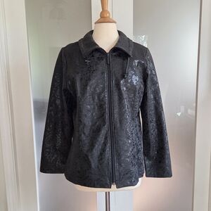 Weekends By Chico's Black Paisley Textured Faux-Leather Jacket